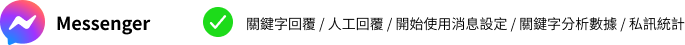 Messenger,關鍵字回覆 / 人工回覆 / 開始使用消息設定 / 關鍵字分析數據 / 私訊統計